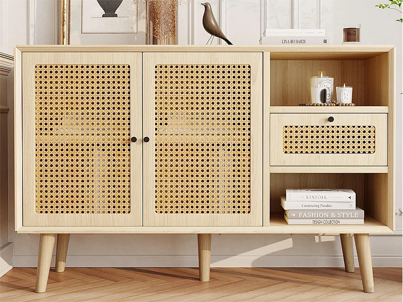 Sideboard mit 1 Schublade, 2 Nischen und 3 Türen aus geflochtenem Rattan – verstellbare Einlegeböden – Natur