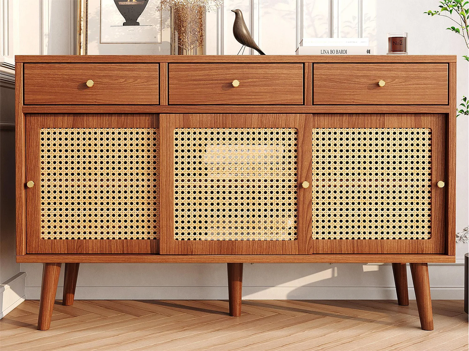 Sideboard mit 3 Schubladen und 3 Schiebetüren aus geflochtenem Rattan – verstellbare Einlegeböden – Braun