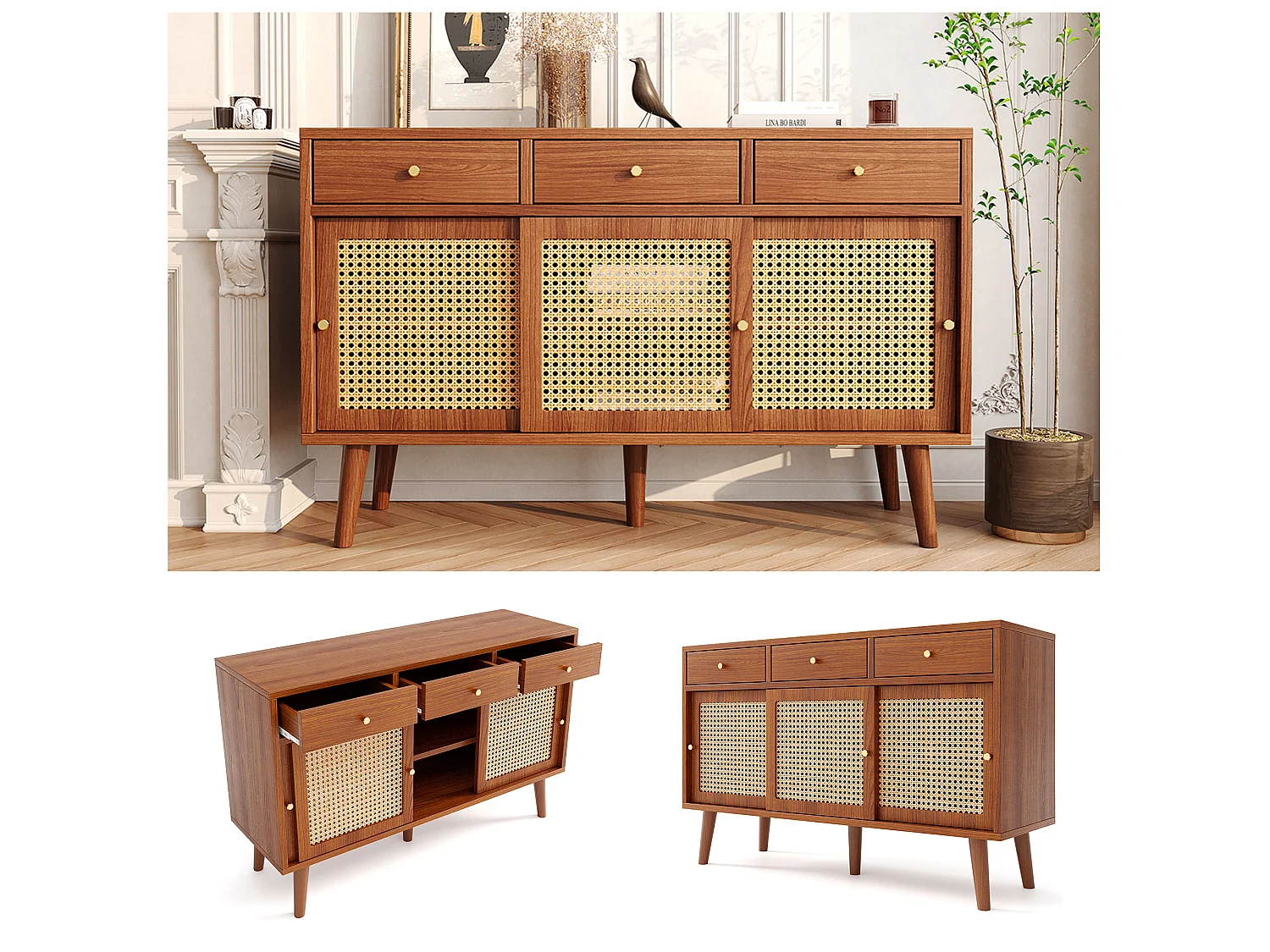 Sideboard mit 3 Schubladen und 3 Schiebetüren aus geflochtenem Rattan – verstellbare Einlegeböden – Braun