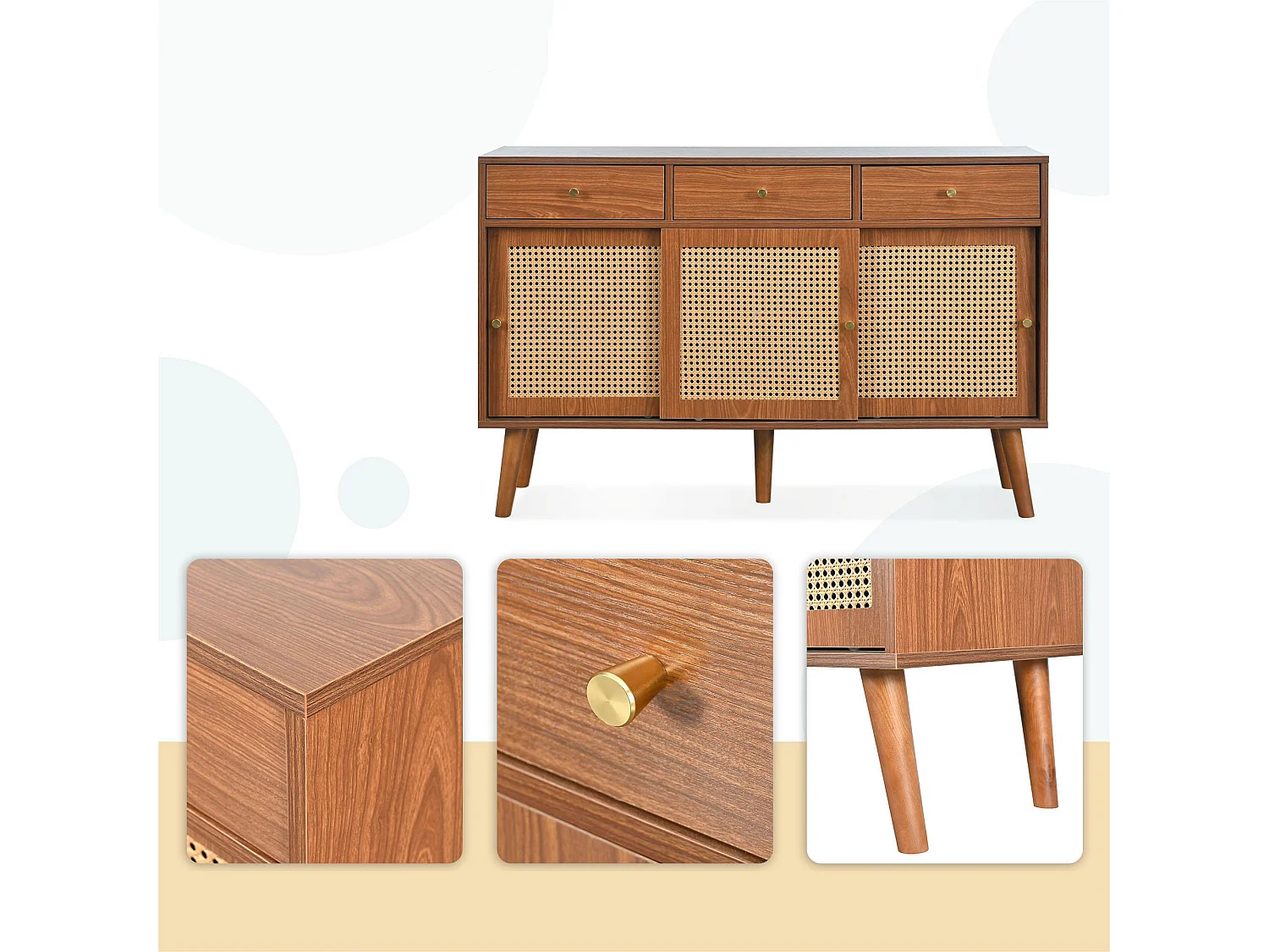 Sideboard mit 3 Schubladen und 3 Schiebetüren aus geflochtenem Rattan – verstellbare Einlegeböden – Braun