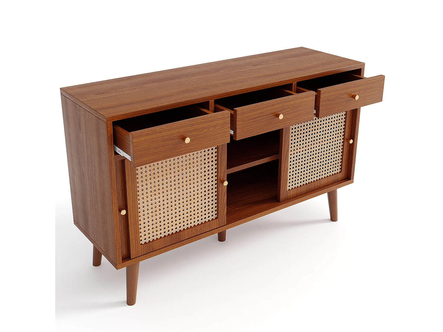 Sideboard mit 3 Schubladen und 3 Schiebetüren aus geflochtenem Rattan – verstellbare Einlegeböden – Braun