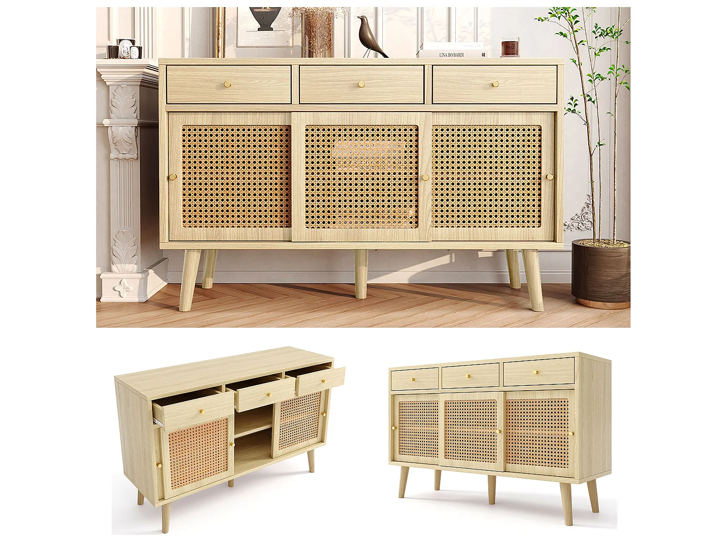 Sideboard mit 3 Schubladen und 3 Schiebetüren aus geflochtenem Rattan – verstellbare Einlegeböden – Natur