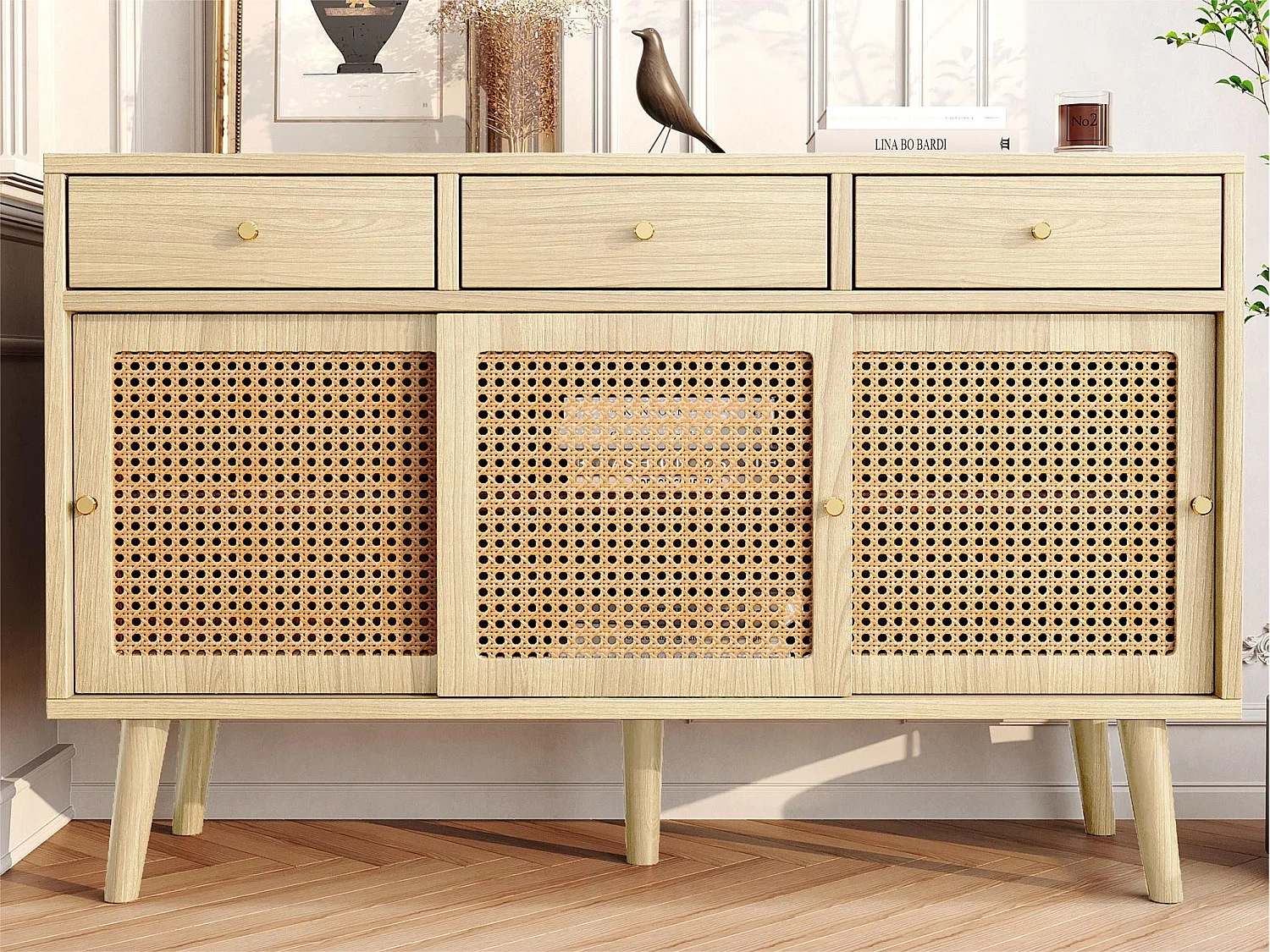 Sideboard mit 3 Schubladen und 3 Schiebetüren aus geflochtenem Rattan – verstellbare Einlegeböden – Natur