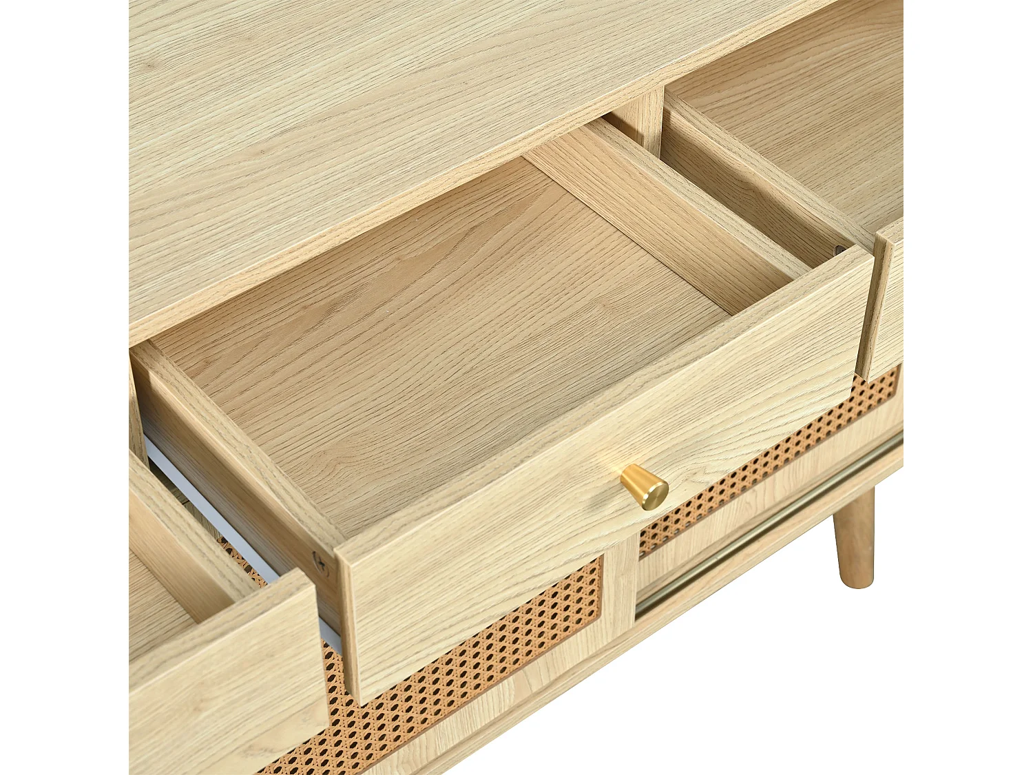 Sideboard mit 3 Schubladen und 3 Schiebetüren aus geflochtenem Rattan – verstellbare Einlegeböden – Natur