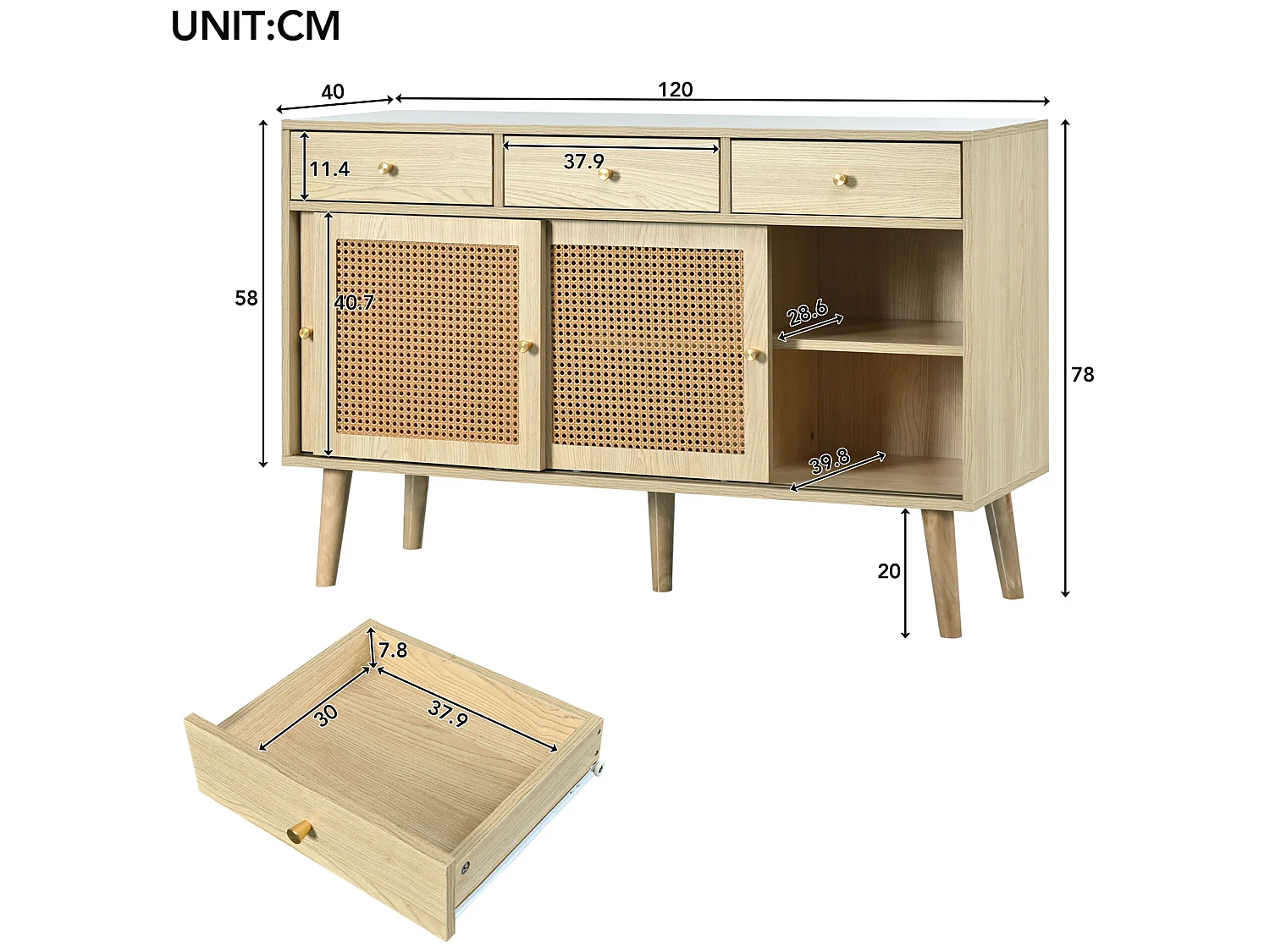 Sideboard mit 3 Schubladen und 3 Schiebetüren aus geflochtenem Rattan – verstellbare Einlegeböden – Natur