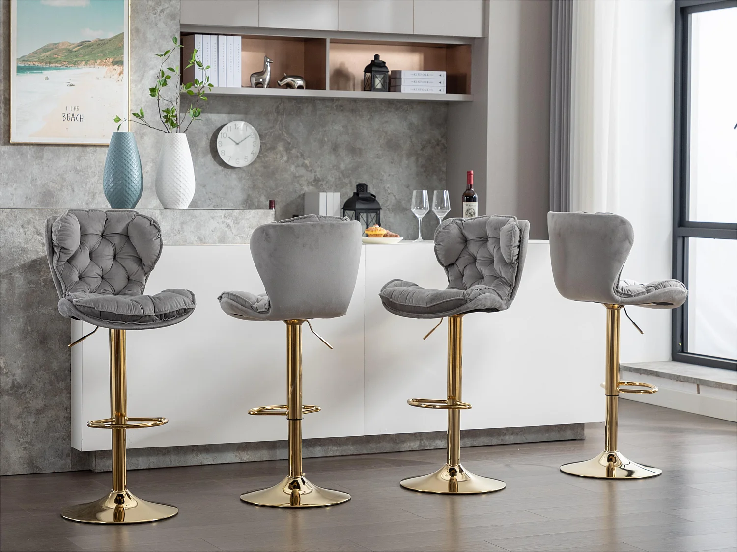 Lot de 4 tabourets de bar pivotants - réglable en hauteur - tissu en velours - Gris