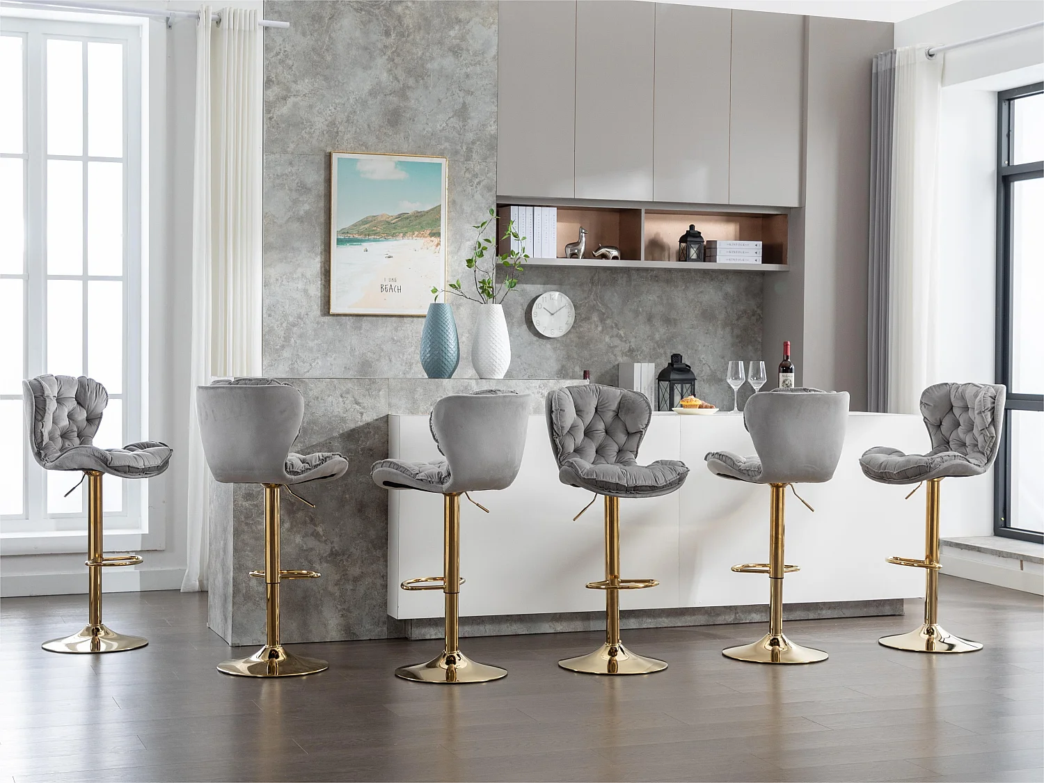 Set van 6 draaibare barkrukken - in hoogte verstelbaar - fluwelen stof - Grijs