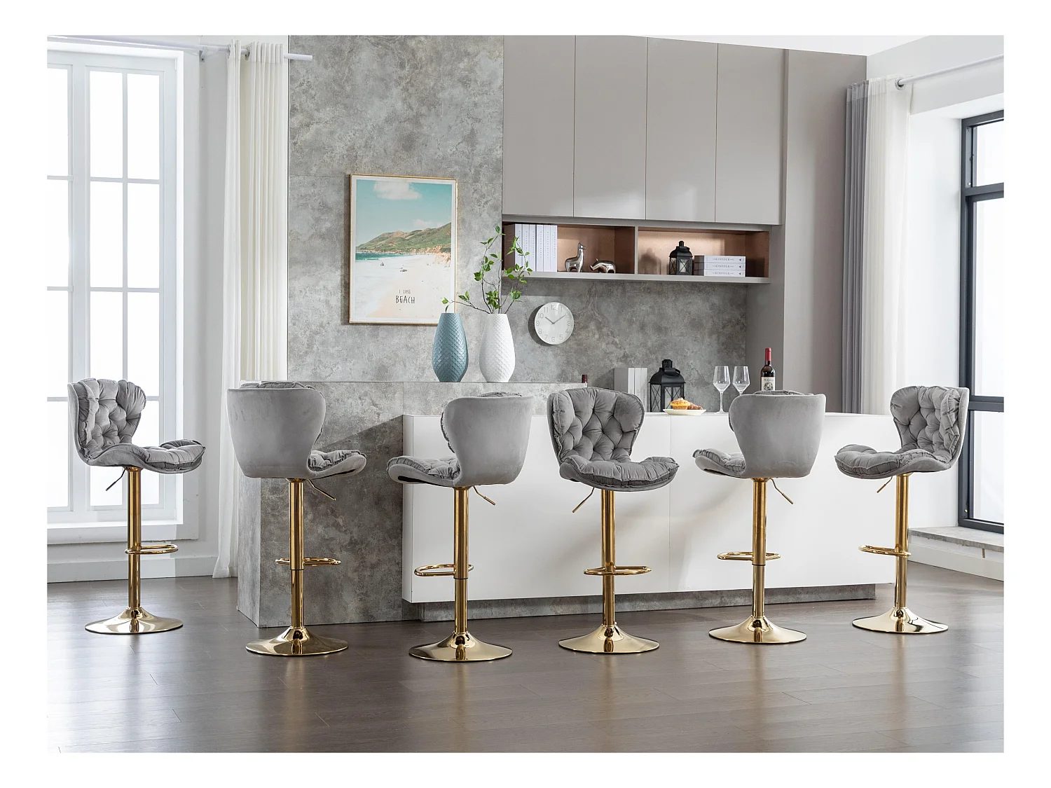 Lot de 6 tabourets de bar pivotants - réglable en hauteur - tissu en velours - Gris