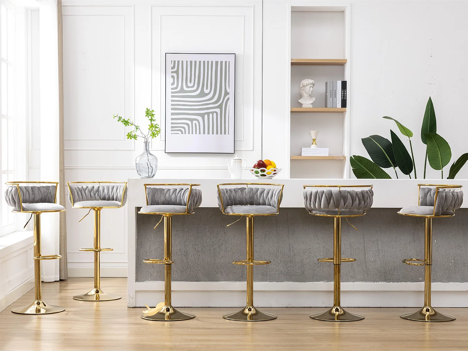 Lot de 6 tabourets de bar pivotants - réglable en hauteur - tissage en velours - Gris