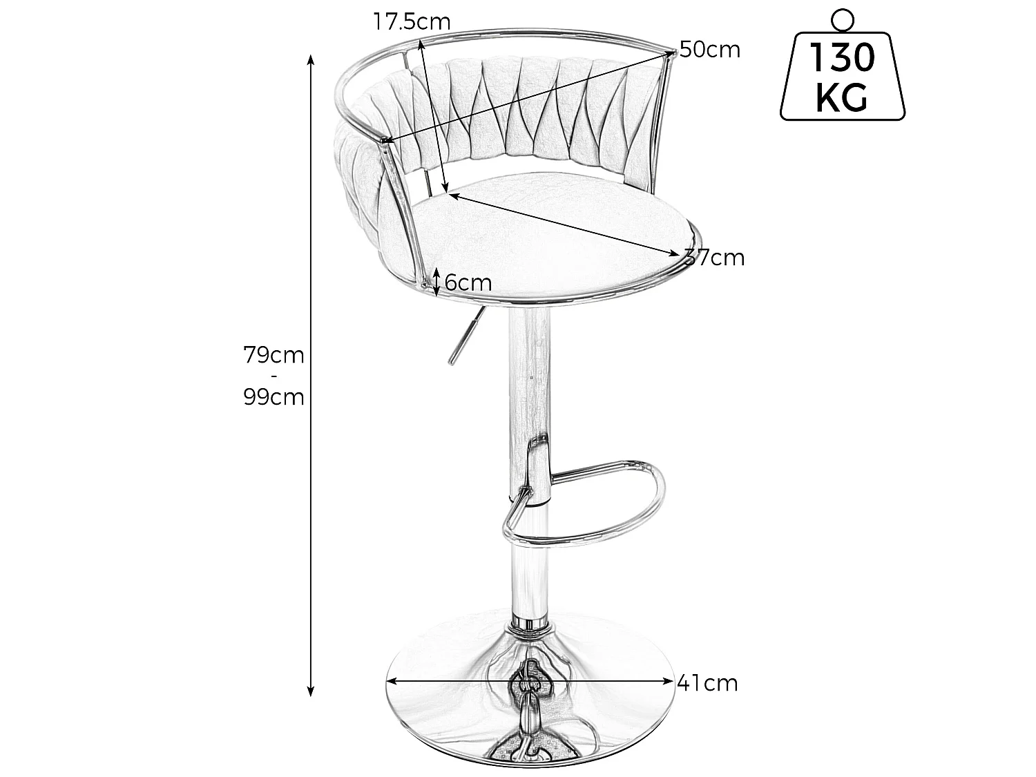 Lot de 6 tabourets de bar pivotants - réglable en hauteur - tissage en velours - Gris
