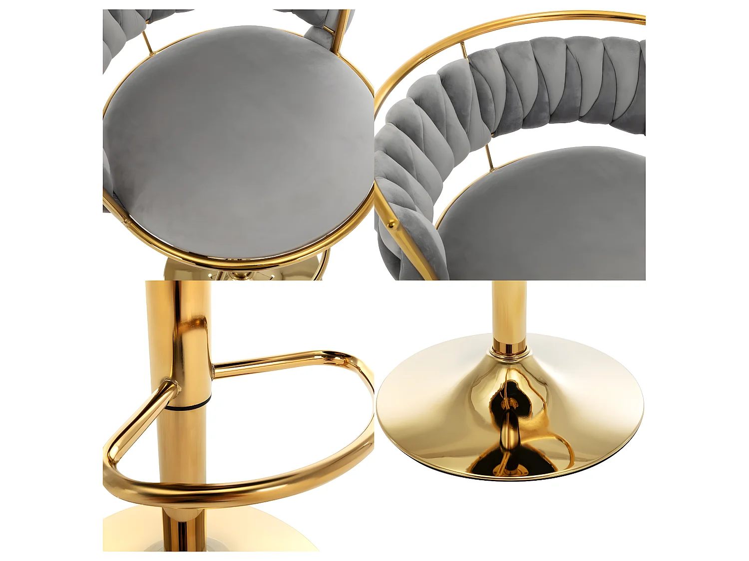 Lot de 6 tabourets de bar pivotants - réglable en hauteur - tissage en velours - Gris