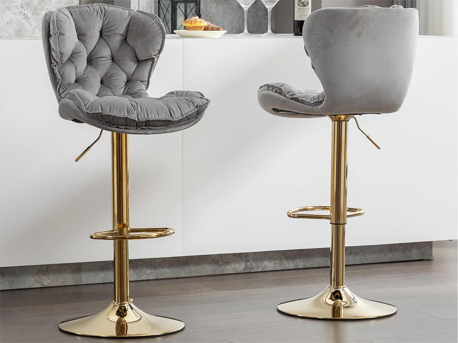 Lot de 2 tabourets de bar pivotants - réglable en hauteur - tissu en velours - Gris