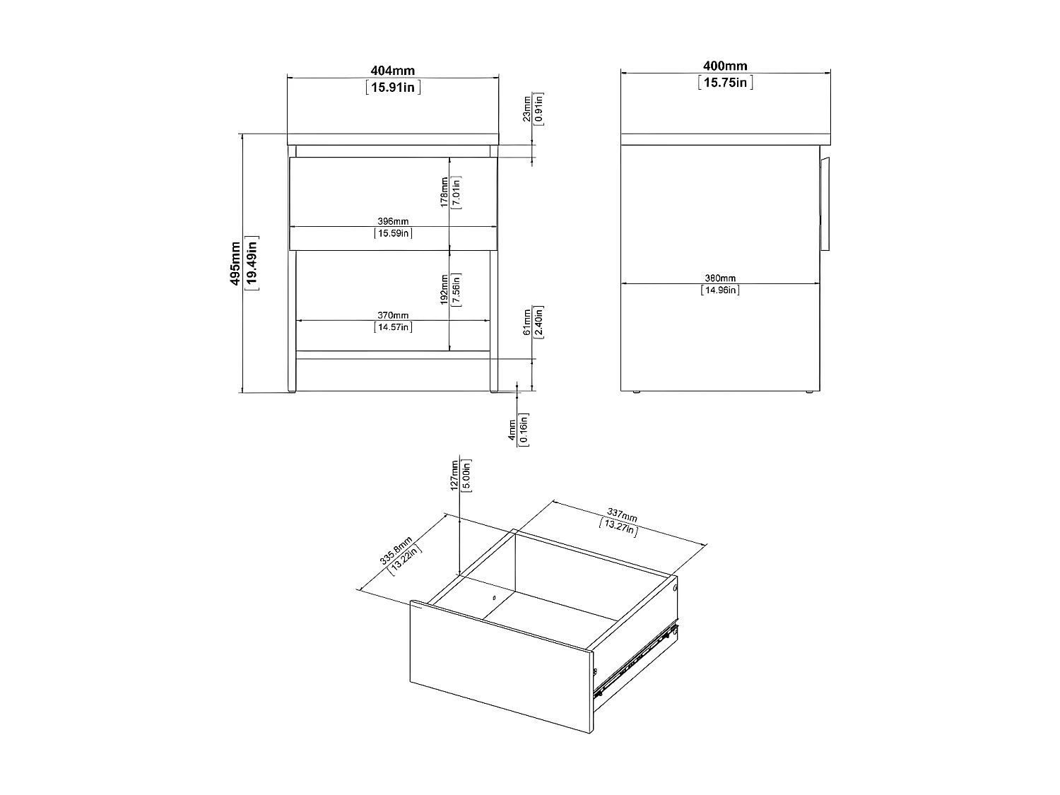 Nada Table de chevet à 1 tiroir et 1 espace de rangement ouvert, noir mat.