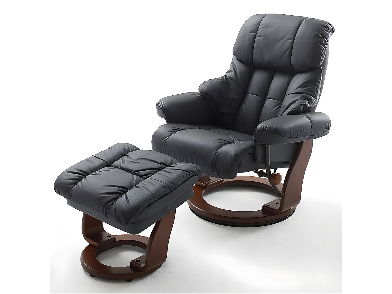 Fauteuil relax CLAIRAC assise en cuir noir pied en bois noyer avec repose pied
