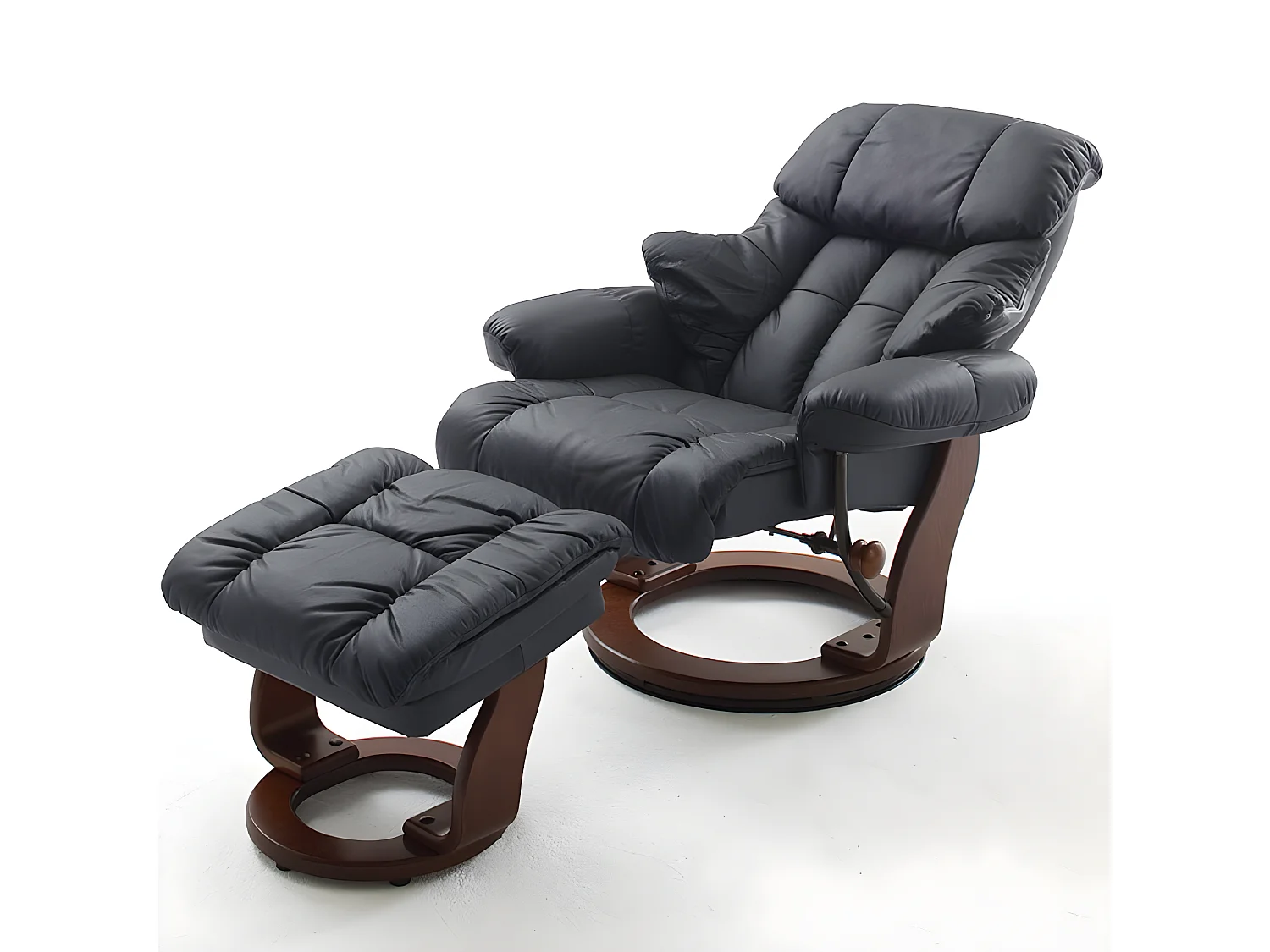 Fauteuil relax CLAIRAC assise en cuir noir pied en bois noyer avec repose pied