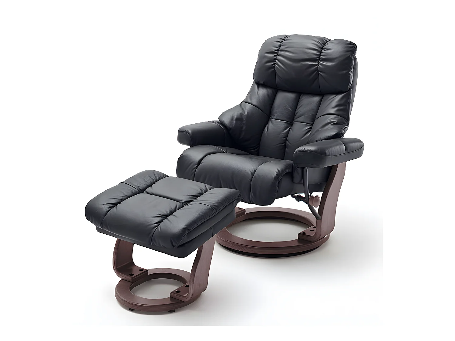 Fauteuil relax CLAIRAC XL assise en cuir noir pied en bois couleur noyer avec repose pied