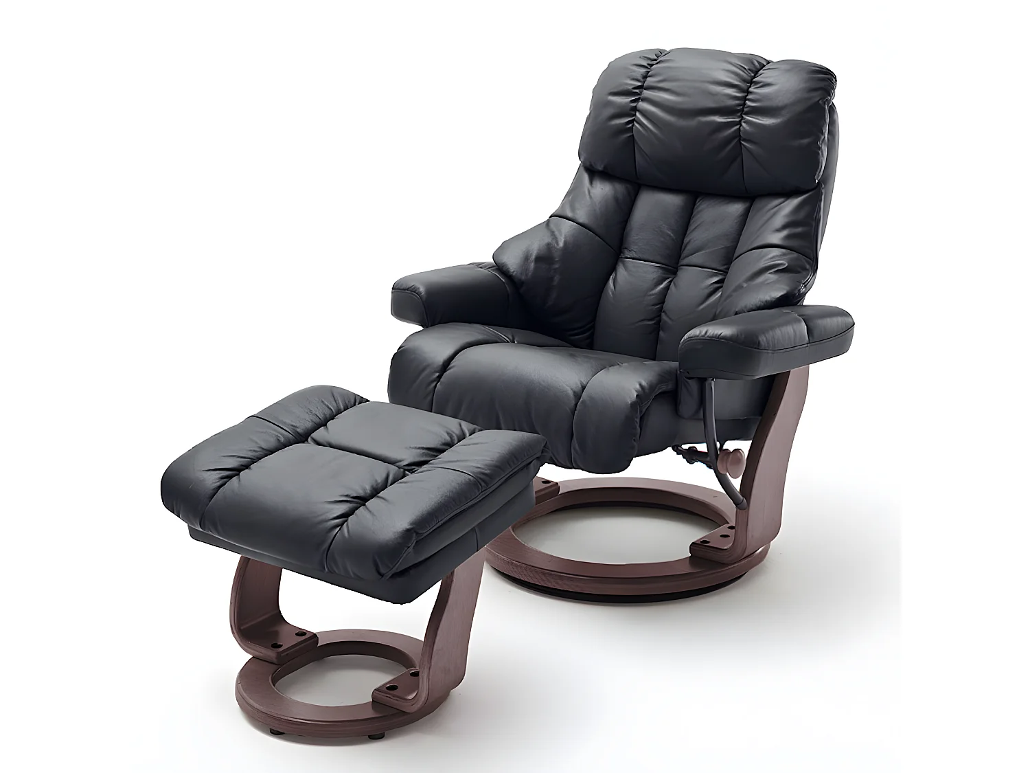 Fauteuil relax CLAIRAC XL assise en cuir noir pied en bois couleur noyer avec repose pied