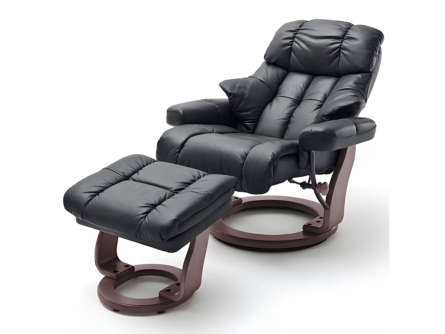 Fauteuil relax CLAIRAC XL assise en cuir noir pied en bois couleur noyer avec repose pied