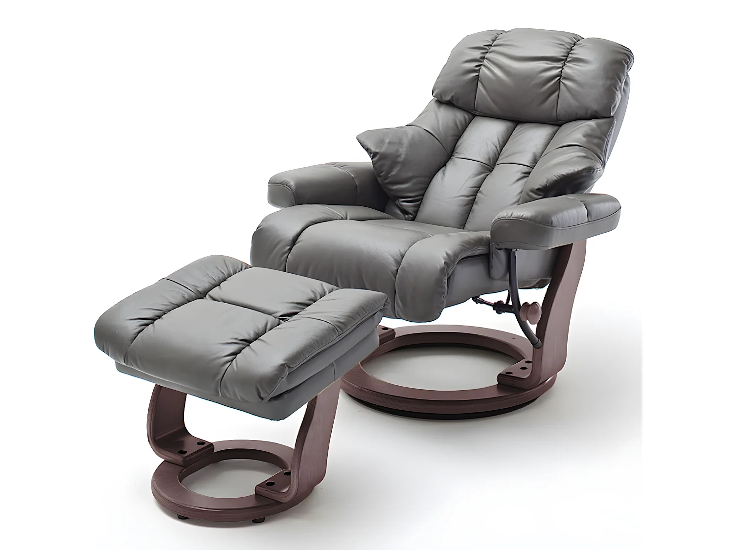 Fauteuil relax CLAIRAC assise en cuir nougat pied en bois noyer avec repose pied