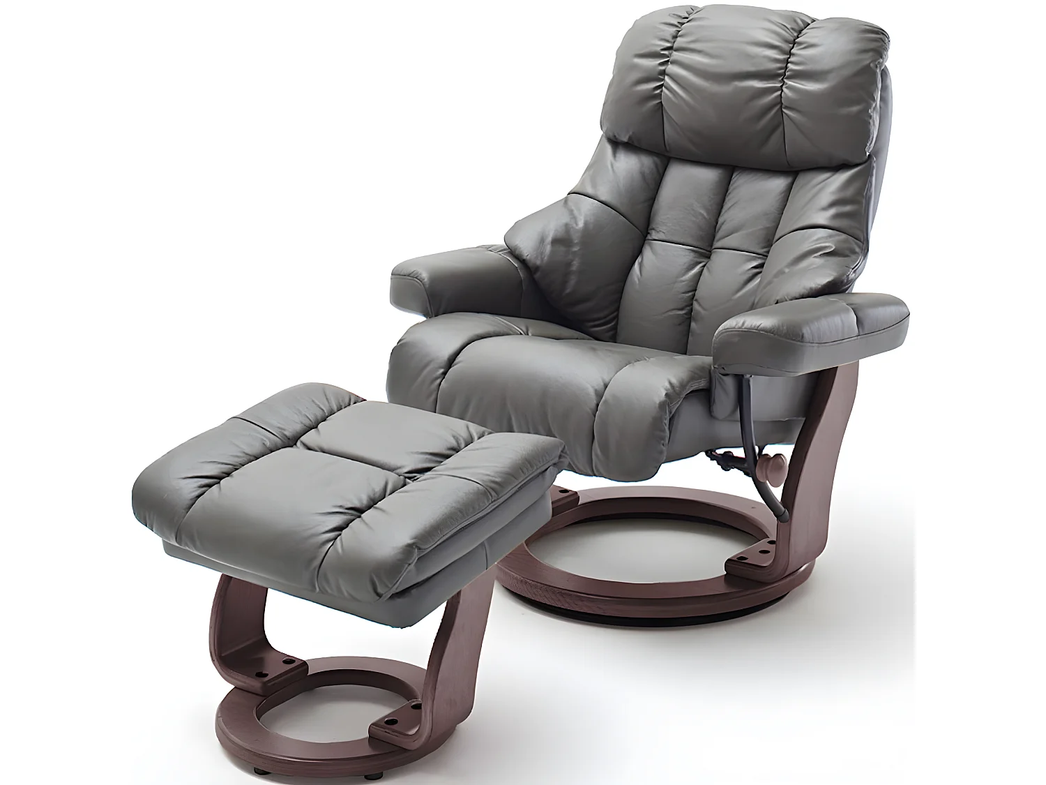 Fauteuil relax CLAIRAC assise en cuir nougat pied en bois noyer avec repose pied