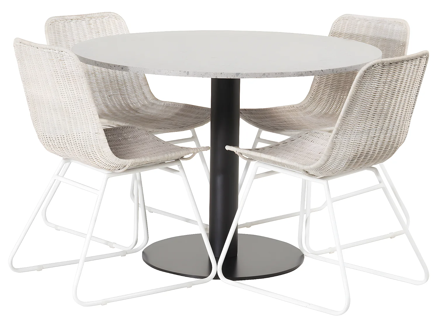 RazziaGR ensemble table, table terrazzo gris et 4 Cirebon chaises rougein whitewash.