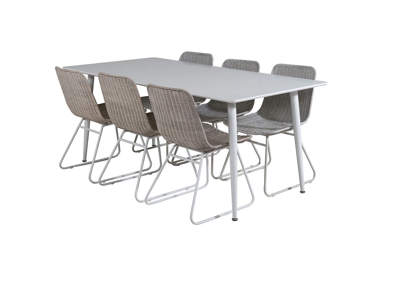 Polar180X90WHWH eethoek eetkamertafel wit en 6 Cirebon eetkamerstal rotan whitewash.