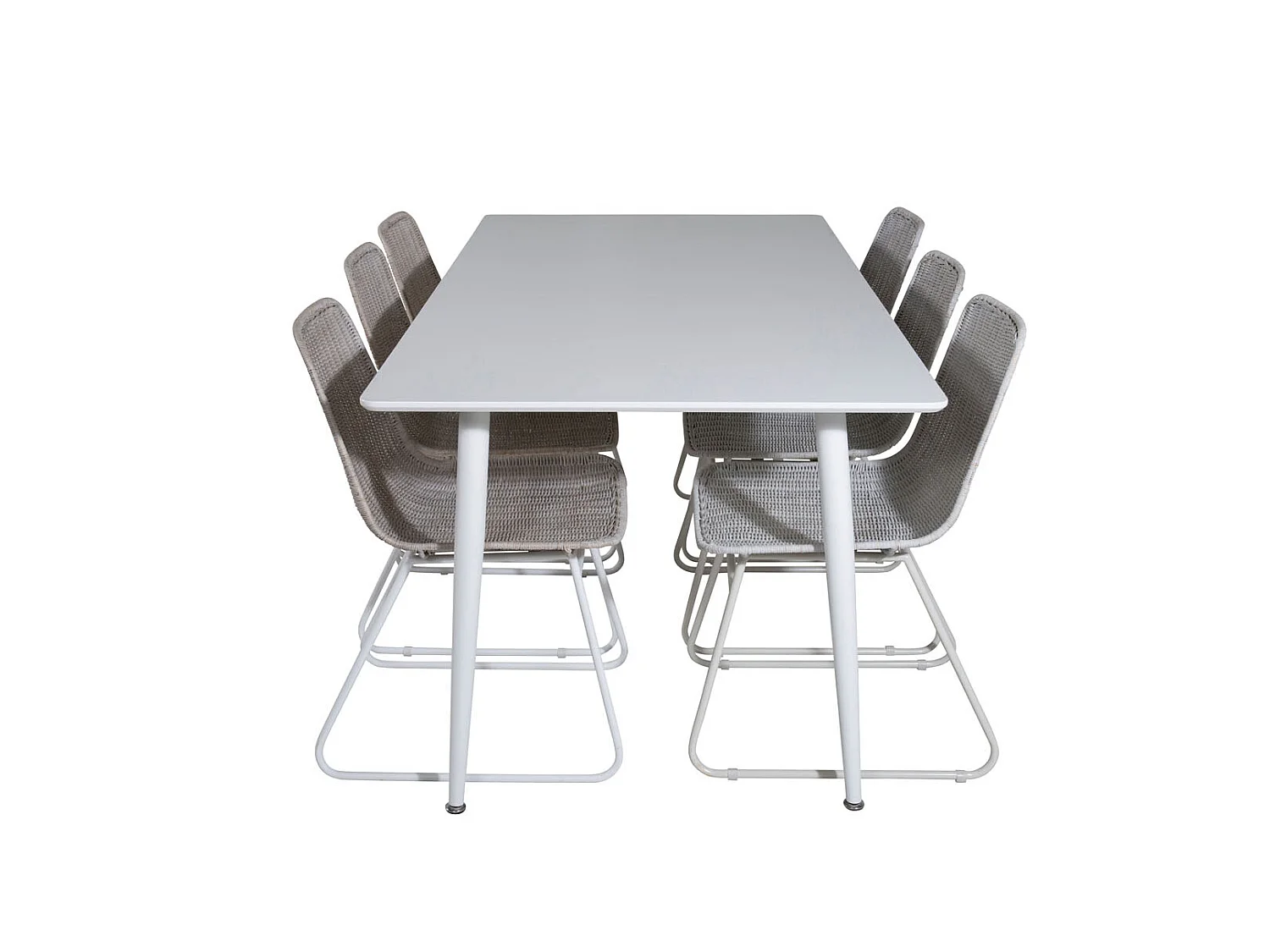 Polar180X90WHWH eethoek eetkamertafel wit en 6 Cirebon eetkamerstal rotan whitewash.