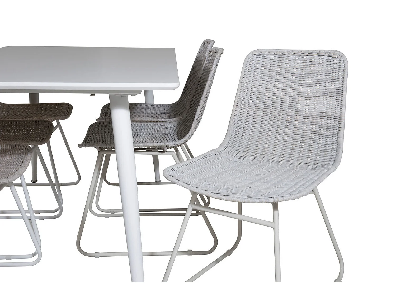 Polar180X90WHWH eethoek eetkamertafel wit en 6 Cirebon eetkamerstal rotan whitewash.