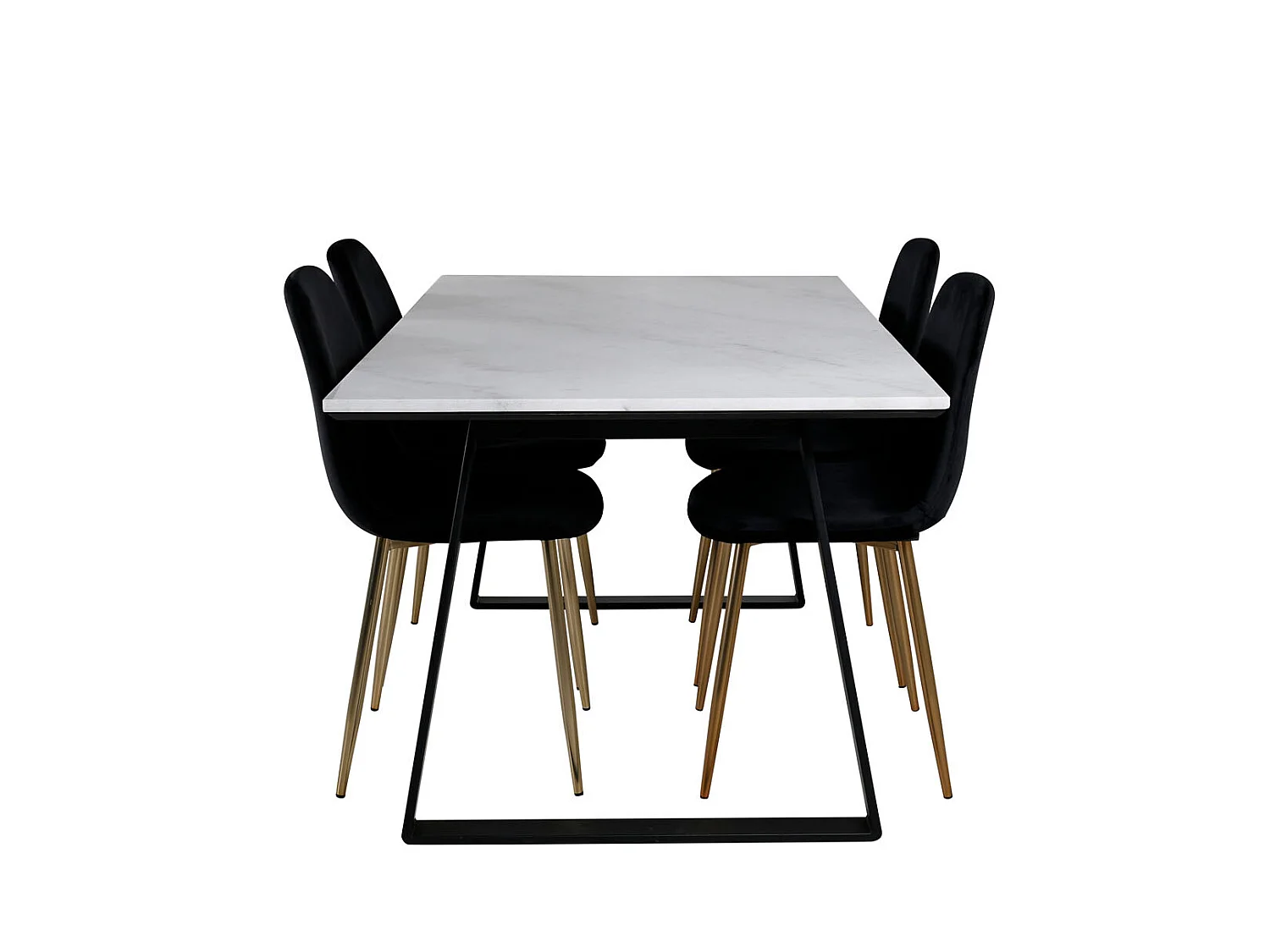 Estelle ensemble table, table marbre blanc et 4 Polar chaises Velours noir, laiton décor.