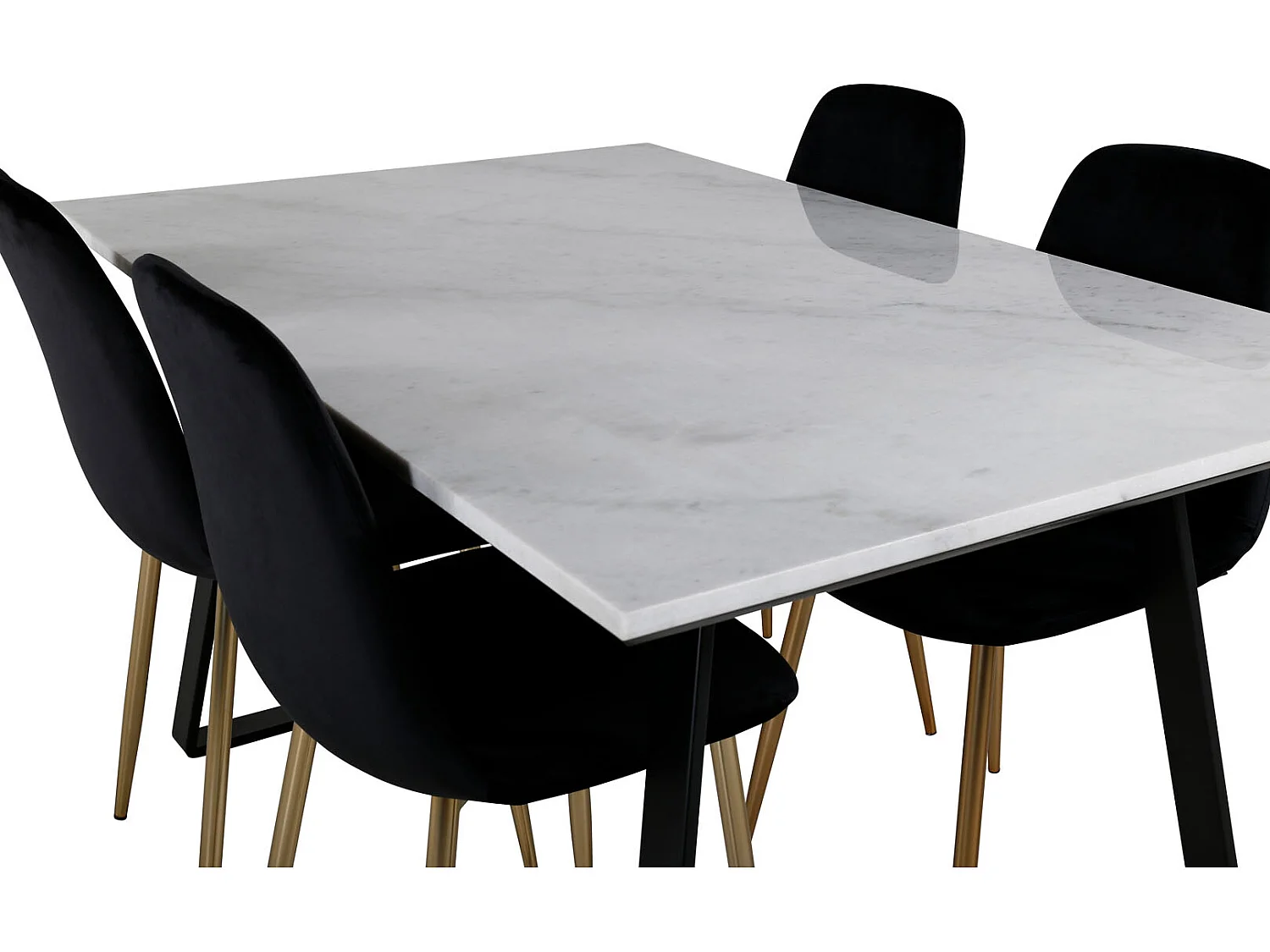 Estelle ensemble table, table marbre blanc et 4 Polar chaises Velours noir, laiton décor.