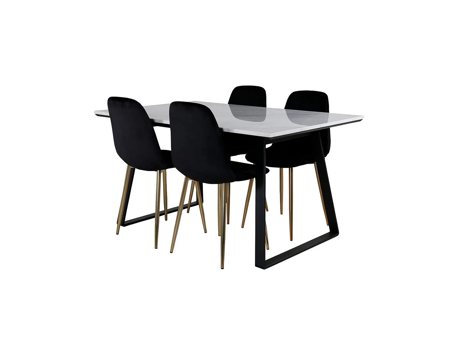 Estelle ensemble table, table marbre blanc et 4 Polar chaises Velours noir, laiton décor.