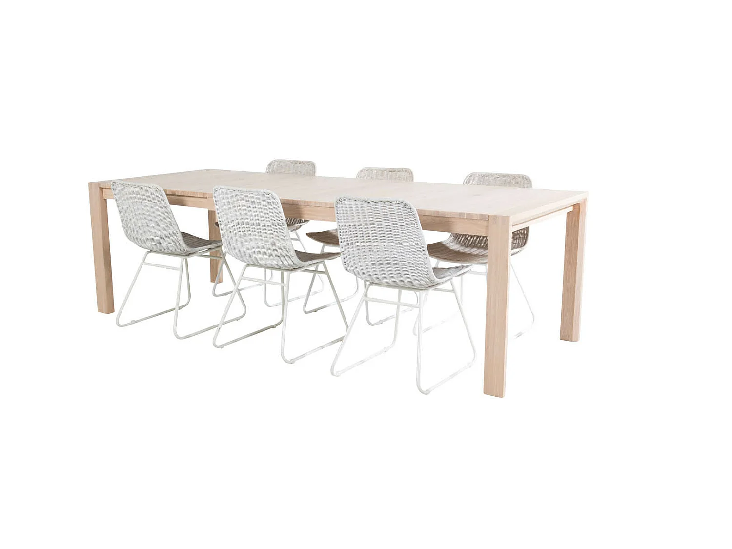 SliderWW ensemble table, table extensible longueur cm170 / 250 chêne blanc washeded et 6 Cirebon chaises rougein whitewash.