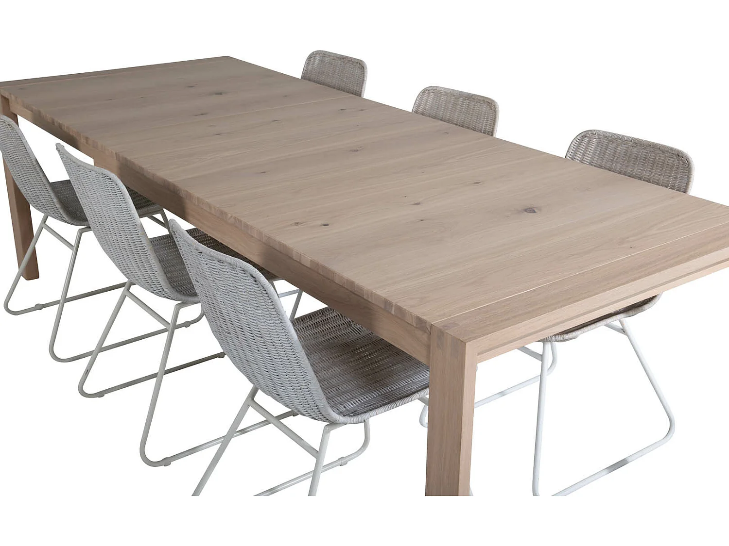 SliderWW ensemble table, table extensible longueur cm170 / 250 chêne blanc washeded et 6 Cirebon chaises rougein whitewash.
