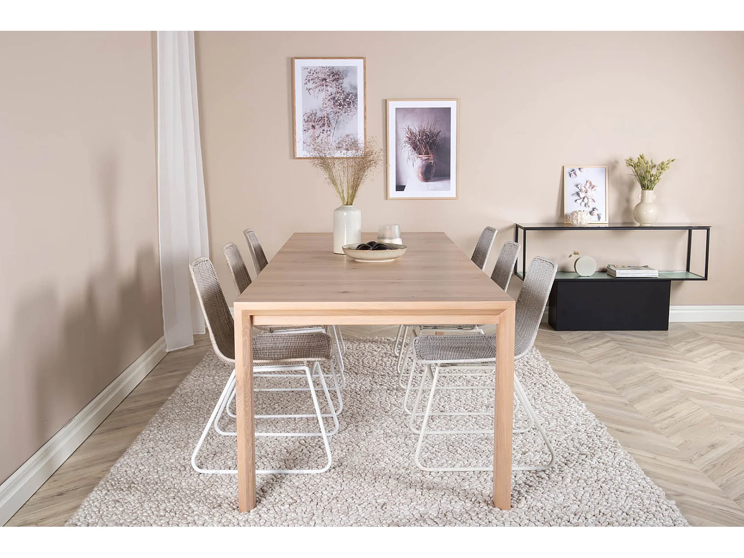 SliderWW ensemble table, table extensible longueur cm170 / 250 chêne blanc washeded et 6 Cirebon chaises rougein whitewash.