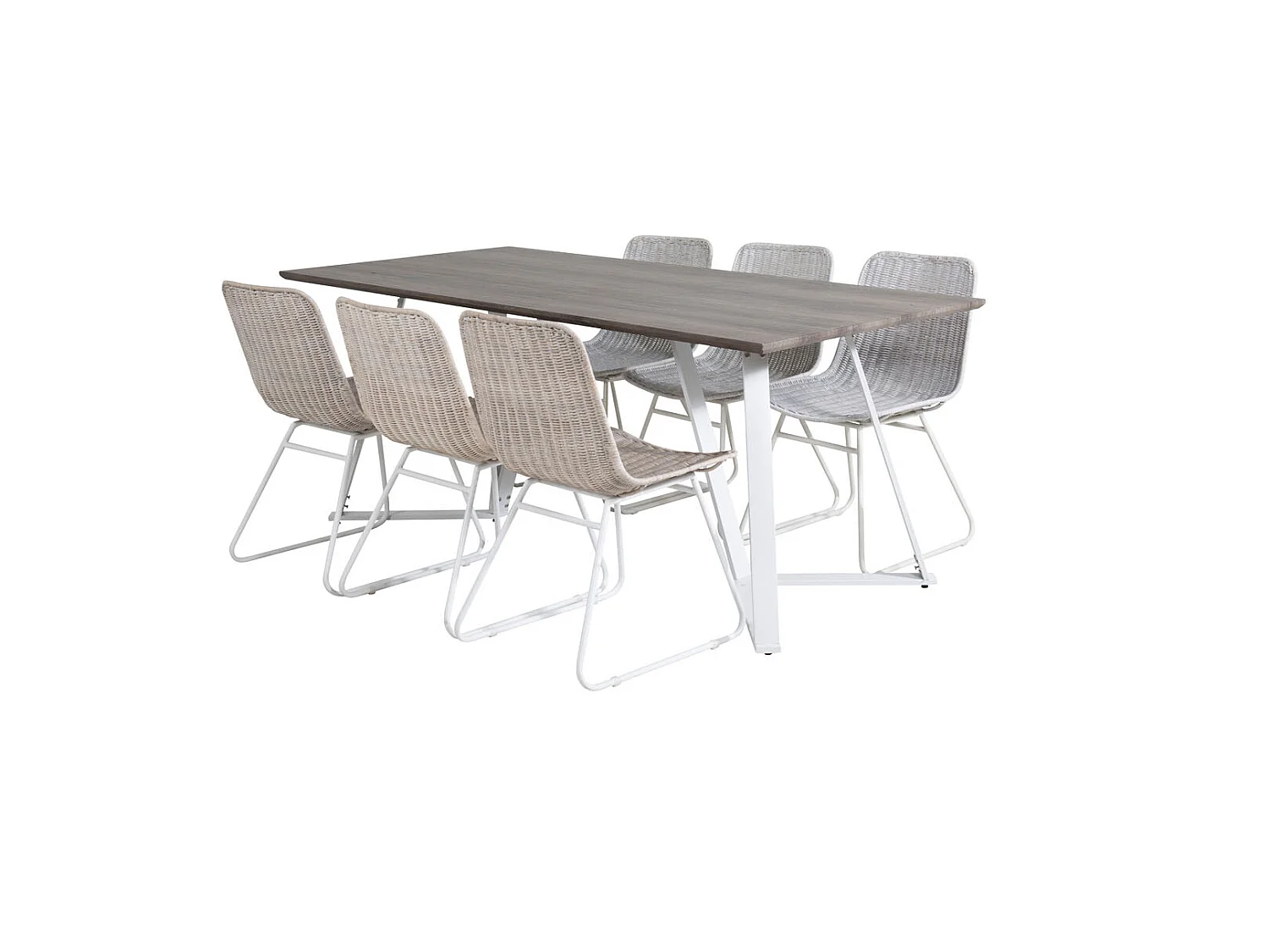 MarinaGRWH ensemble table, table gris et 6 Cirebon chaises rougein whitewash.
