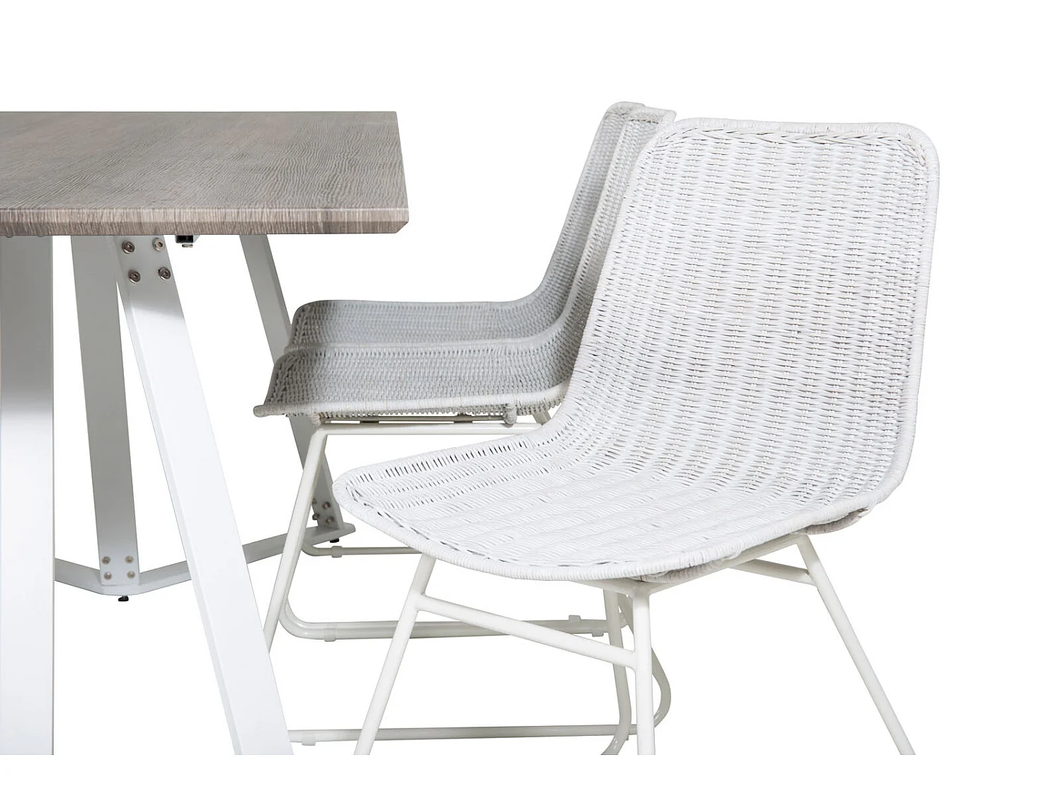 MarinaGRWH ensemble table, table gris et 6 Cirebon chaises rougein whitewash.