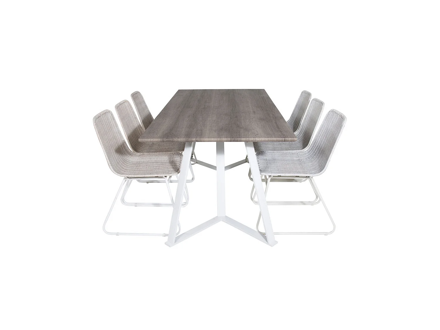 MarinaGRWH ensemble table, table gris et 6 Cirebon chaises rougein whitewash.