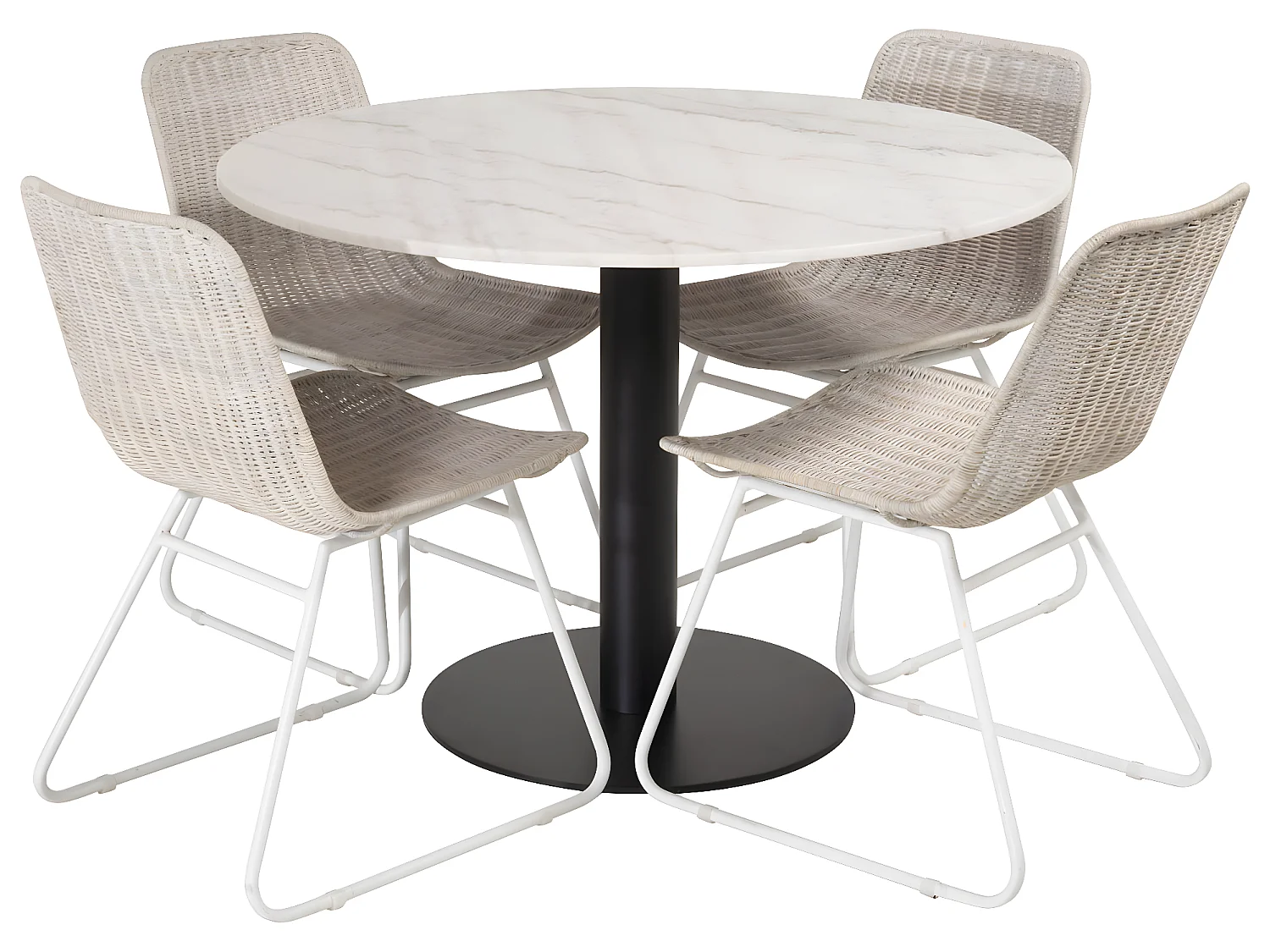 EstelleØ106WHBL ensemble table, table blanc, marbre et 4 Cirebon chaises rougein whitewash.
