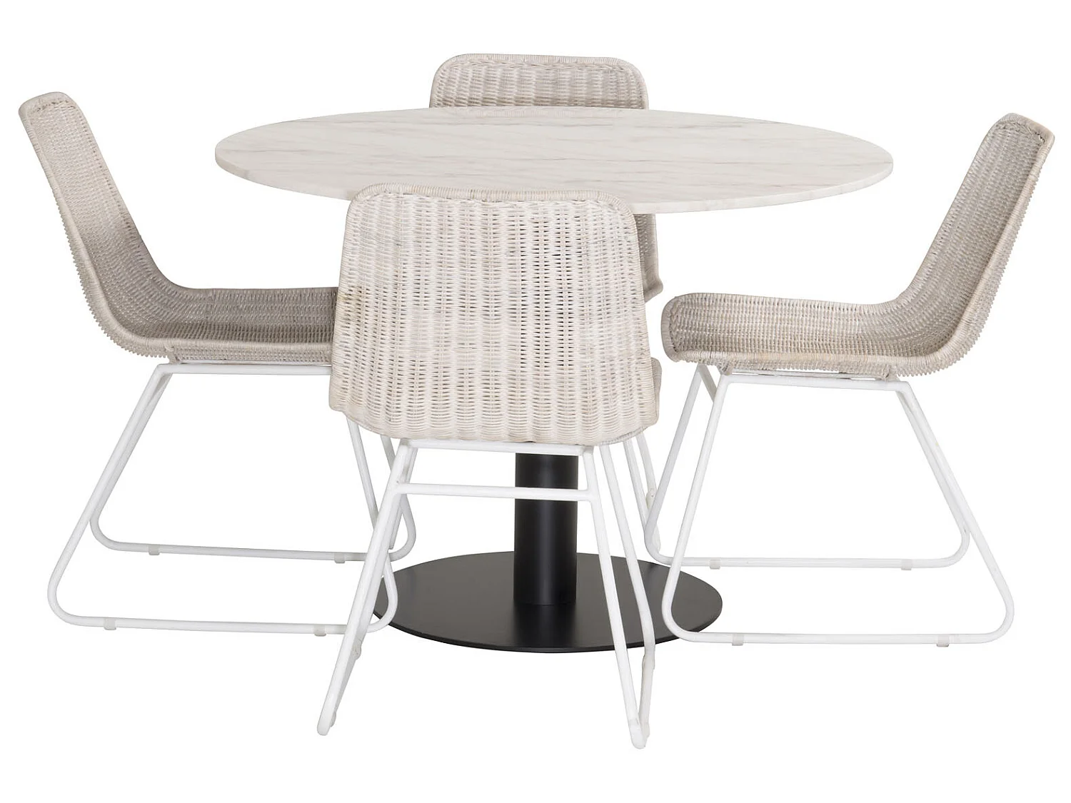 EstelleØ106WHBL ensemble table, table blanc, marbre et 4 Cirebon chaises rougein whitewash.