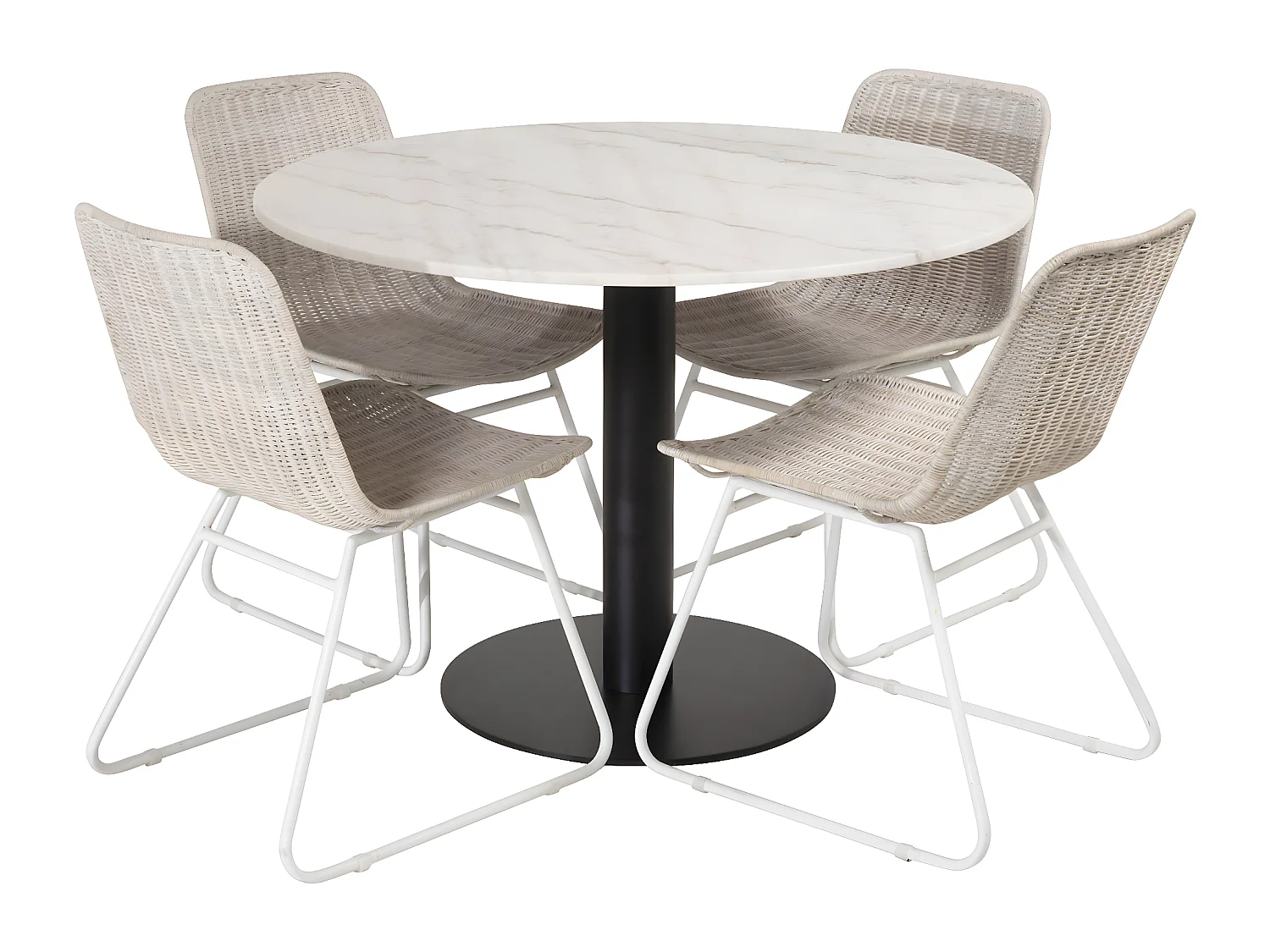 EstelleØ106WHBL eethoek eetkamertafel wit, marmer en 4 Cirebon eetkamerstal rotan whitewash.