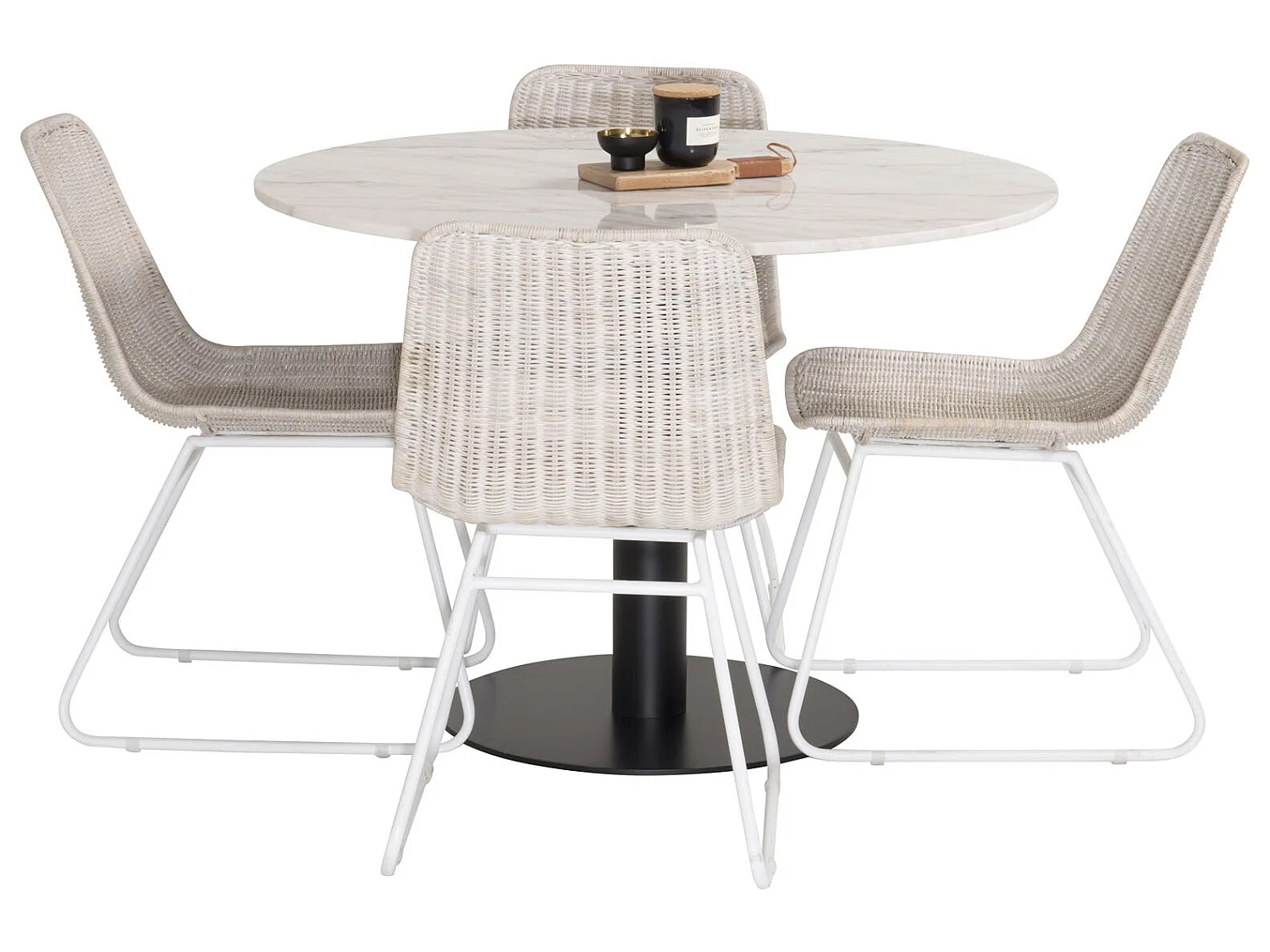 EstelleØ106WHBL eethoek eetkamertafel wit, marmer en 4 Cirebon eetkamerstal rotan whitewash.