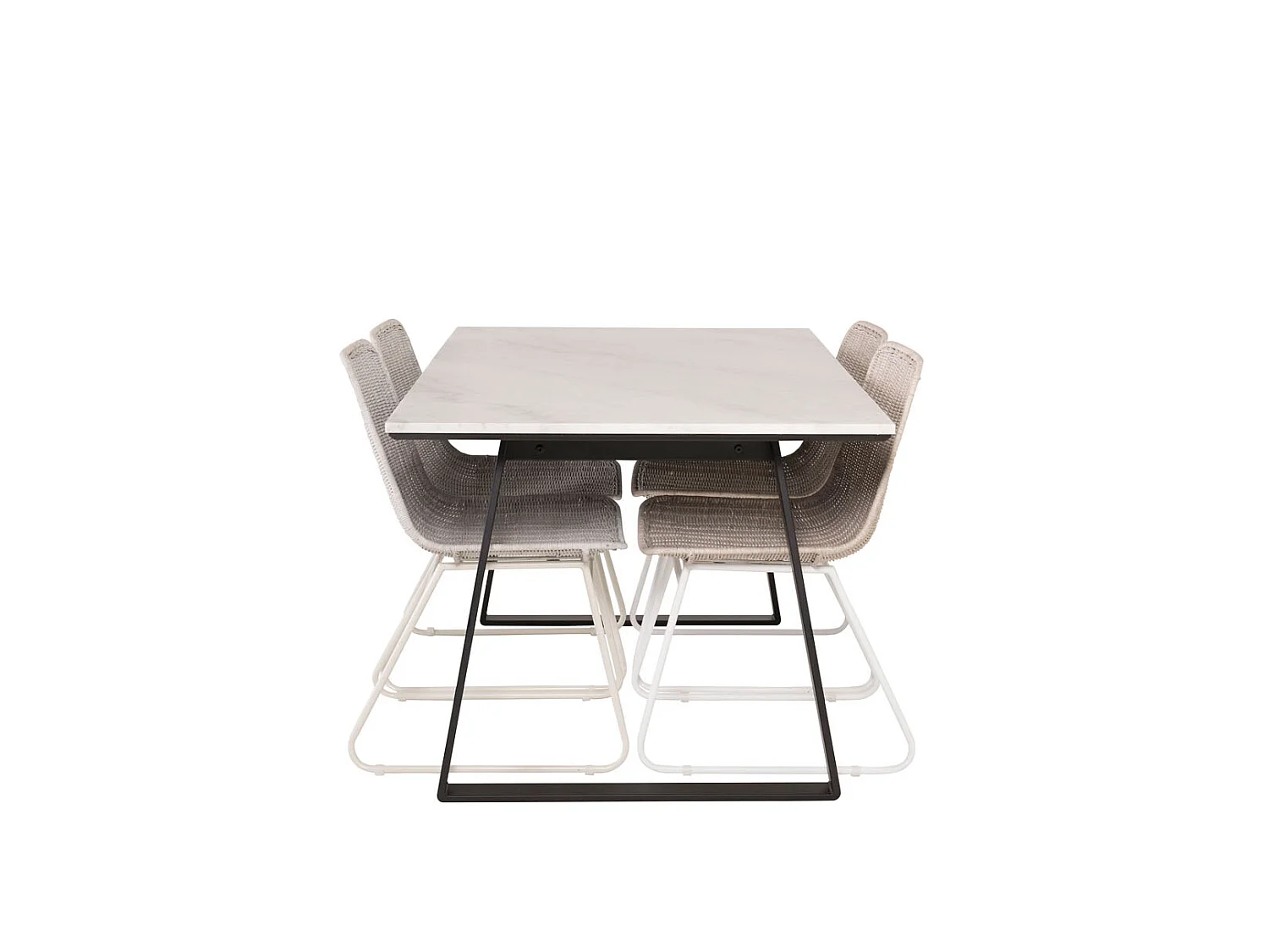 Estelle ensemble table, table marbre blanc et 4 Cirebon chaises rougein whitewash.