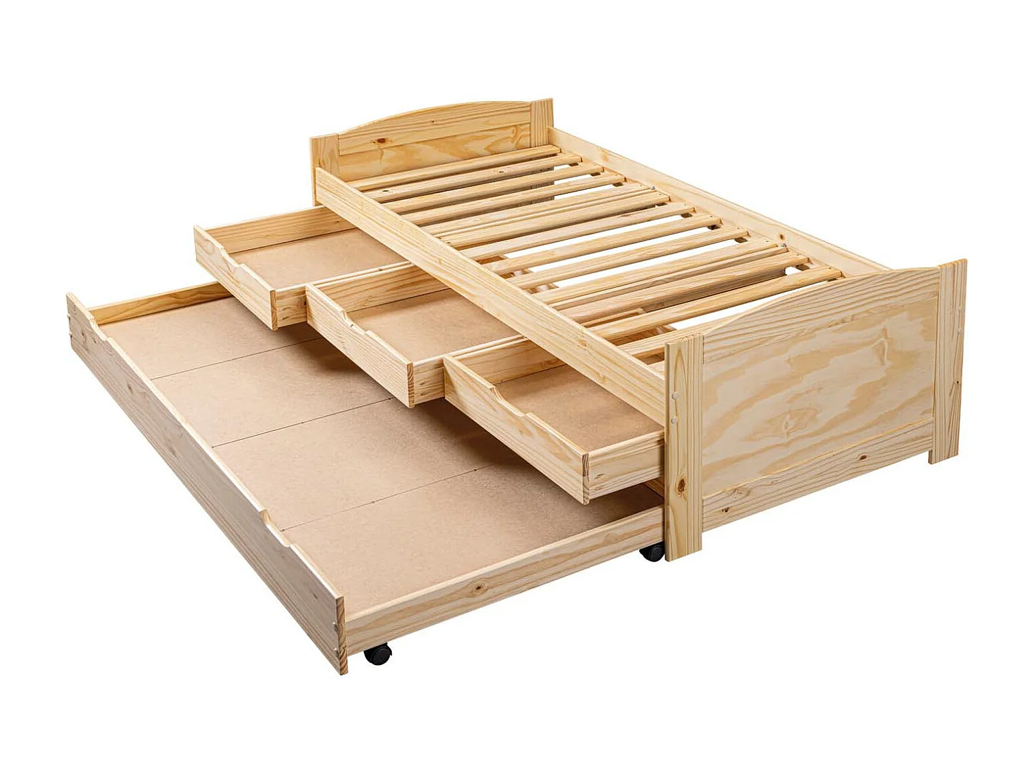 Marinella eenpersoonsbed 90x200 incl. lattenbodem, 3 kleine en 1 grote lade als opbergruimte of logeerbed, naturel.