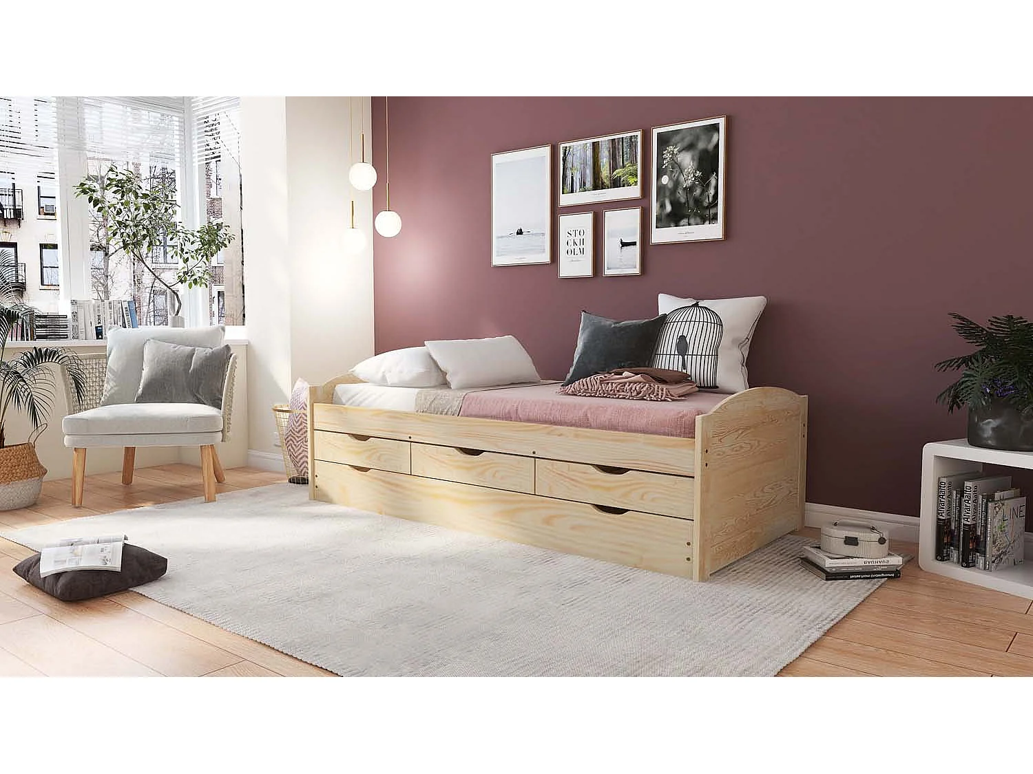 Marinella eenpersoonsbed 90x200 incl. lattenbodem, 3 kleine en 1 grote lade als opbergruimte of logeerbed, naturel.