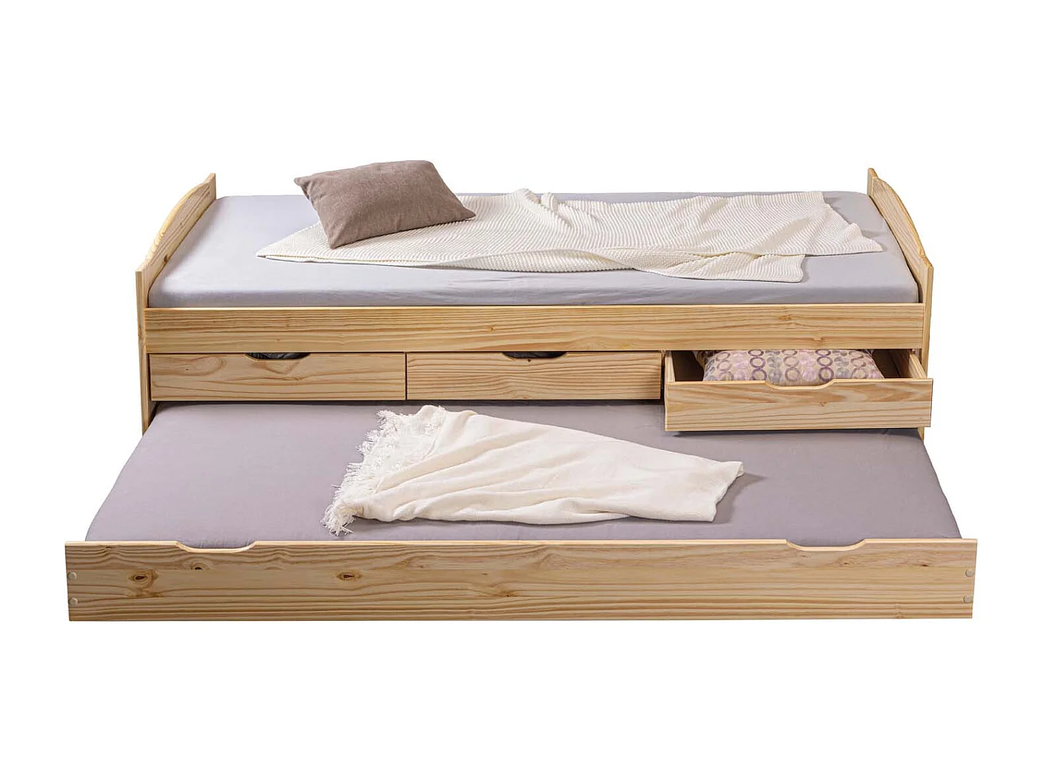 Marinella eenpersoonsbed 90x200 incl. lattenbodem, 3 kleine en 1 grote lade als opbergruimte of logeerbed, naturel.