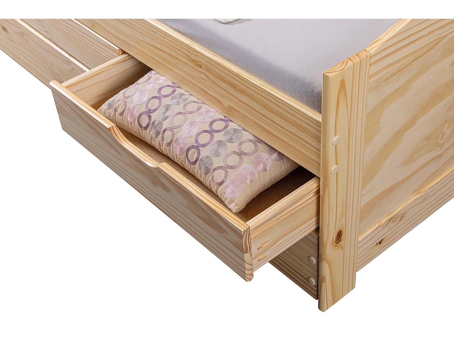 Marinella eenpersoonsbed 90x200 incl. lattenbodem, 3 kleine en 1 grote lade als opbergruimte of logeerbed, naturel.