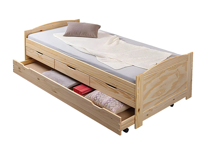 Marinella eenpersoonsbed 90x200 incl. lattenbodem, 3 kleine en 1 grote lade als opbergruimte of logeerbed, naturel.