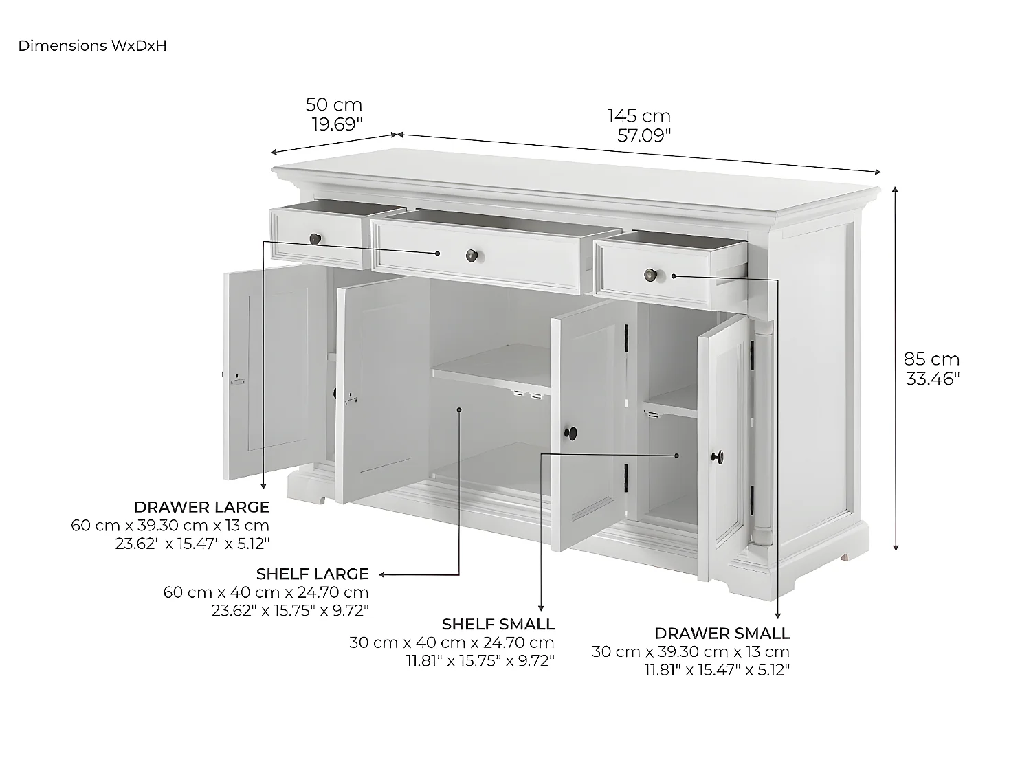 Provence buffet 4 portes, 1 grand 2 petit tiroirs blanc.