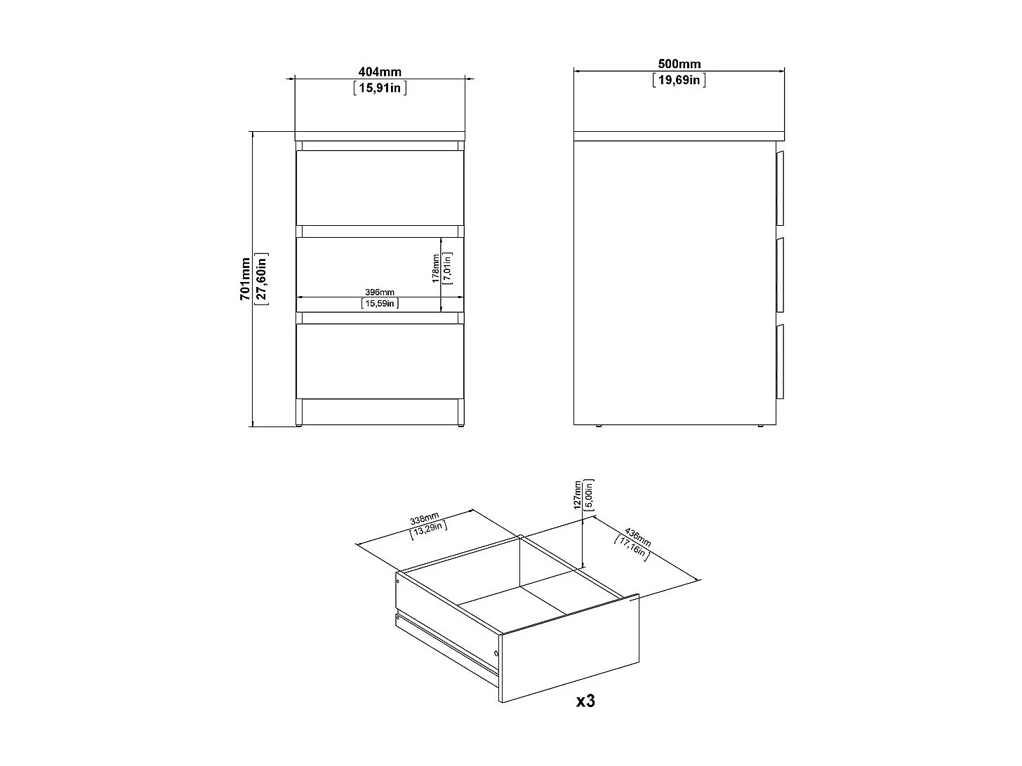 Nada Commode à 3 tiroirs, imitation chêne Hickory.