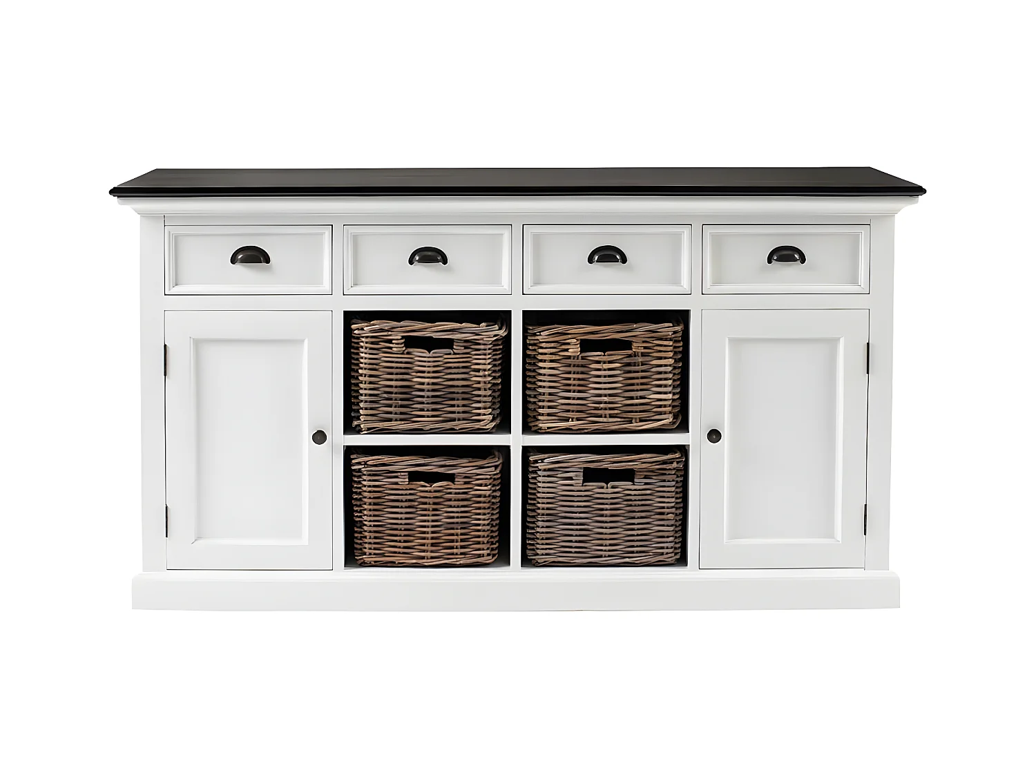 HalifaxContrast buffet 4 tiroirs, 2 portes, 4 paniers blanc, noir.